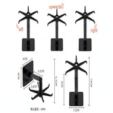 Black adjustable table stand with measurements on a white background