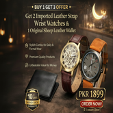 Two watches with leather straps and a wallet on a dark background with promotional text.