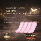 Promotional image of silicone moisturizing socks with text on a dark background