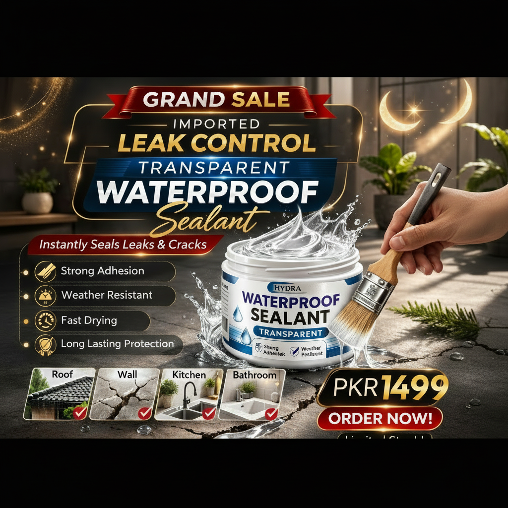 Promotional advertisement for waterproof sealant with product packaging and application tools.