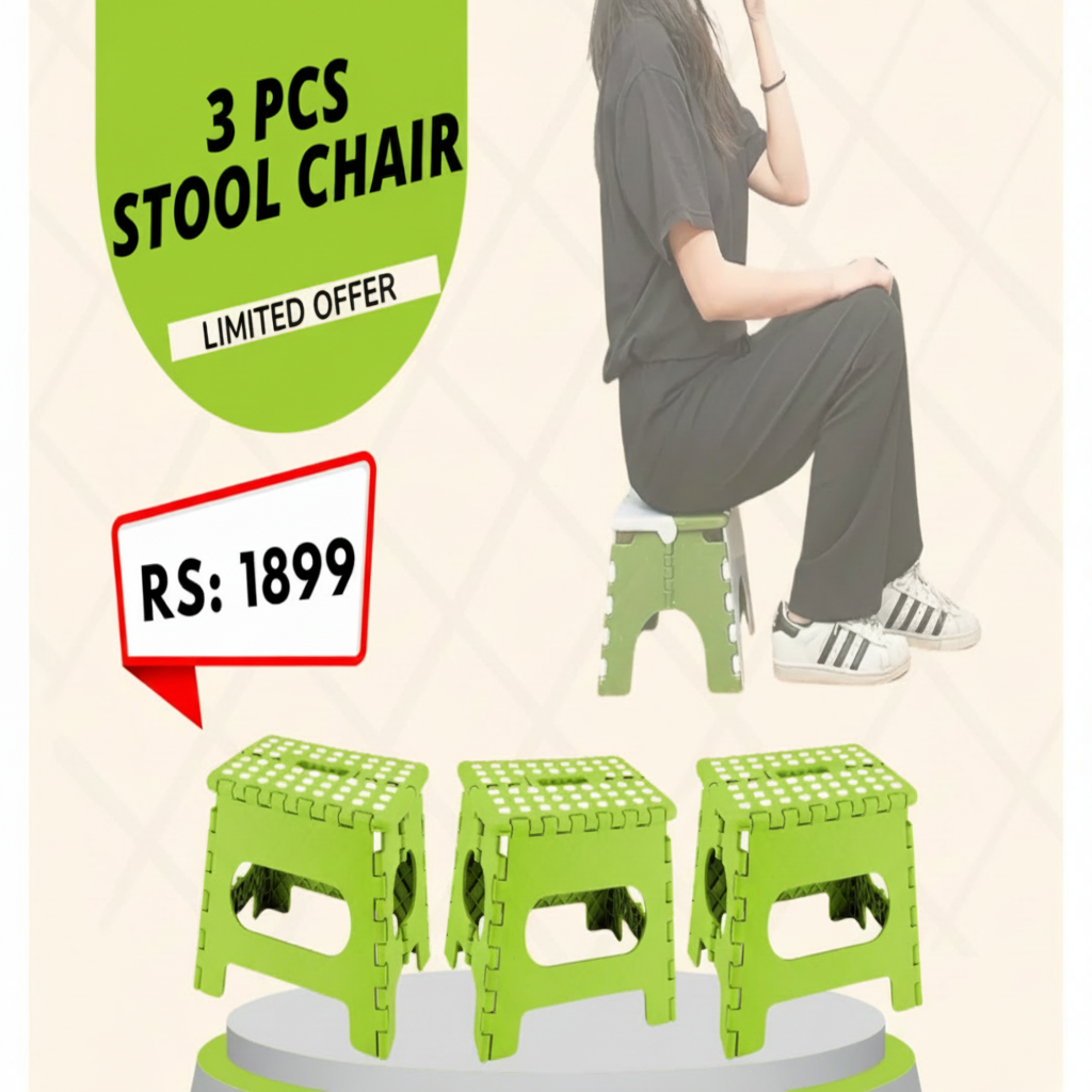 Three green folding stools with a person sitting on one, promotional text, and price tag on a beige background.