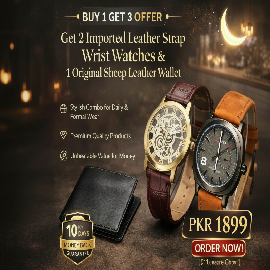 Two watches with leather straps and a wallet on a dark background with promotional text.