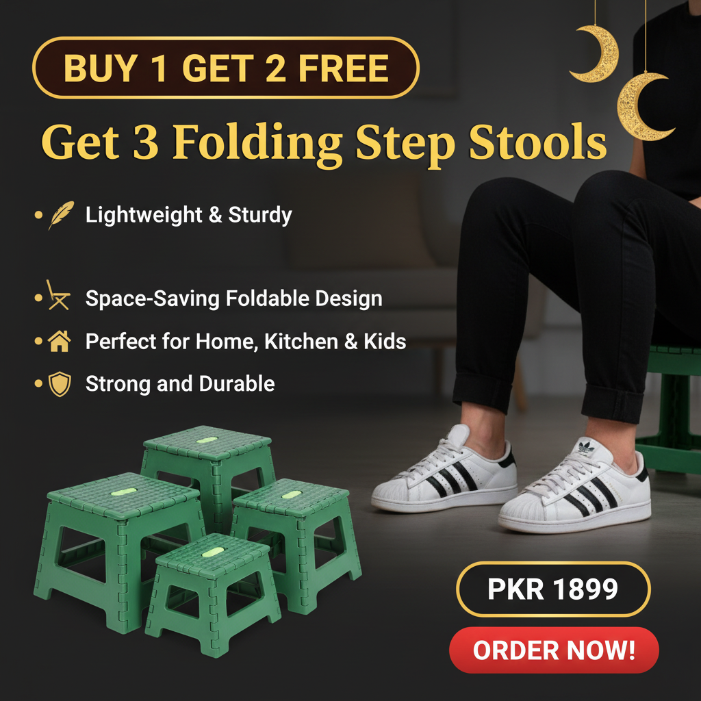 Three green folding step stools with promotional text on a dark background