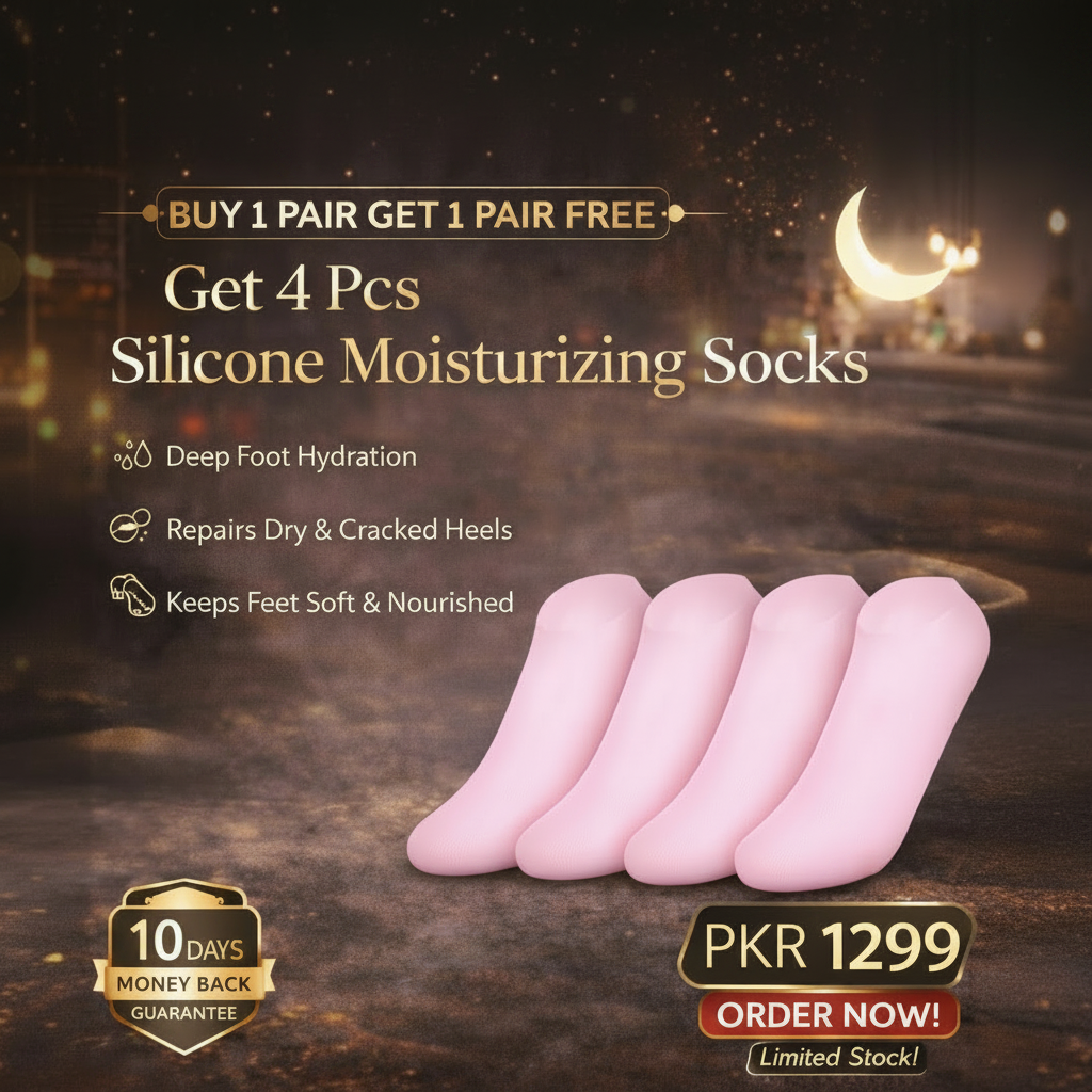 Promotional image of silicone moisturizing socks with text on a dark background