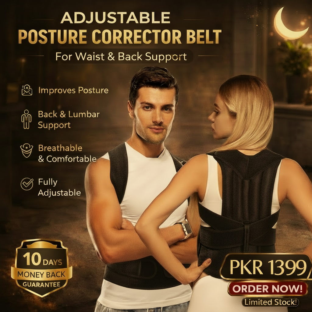 Adjustable posture corrector belt advertisement with a man and woman wearing it, set against a warm-toned background.